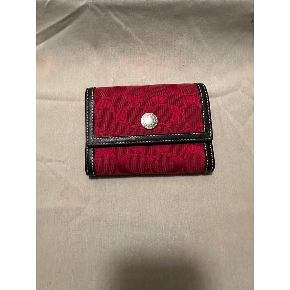 COACH Hampton Logo Red Trifold Wallet Canvas and Leather